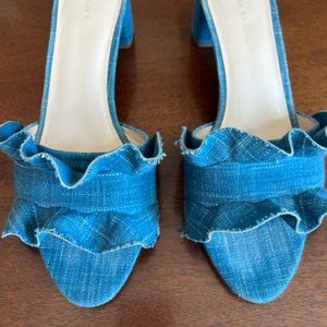 Chambray Blue ruffle mules